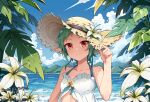  1girl absurdres bare_arms bare_shoulders blue_sky chinese_commentary chubb closed_mouth cloud commentary_request day dress flower flower_request green_hair halterneck hand_on_headwear hat highres light_blush looking_at_viewer mixed-language_commentary mountainous_horizon mushoku_tensei ocean orange_eyes outdoors pixiv_id plant pointy_ears short_hair sky smile solo straw_hat sylphiette_(mushoku_tensei) twitter_username upper_body water white_dress 