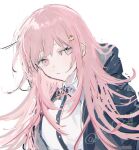  alternate_hair_length alternate_hairstyle black_jacket black_shirt brown_hair danganronpa_(series) danganronpa_2:_goodbye_despair dress_shirt flipped_hair jacket long_hair nanami_chiaki neck_ribbon nokoru_sora open_clothes open_jacket pink_eyes pink_ribbon ribbon shirt simple_background solo spaceship_hair_ornament white_background white_shirt 