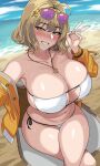  1girl anis_(nikke) anis_(sparkling_summer)_(nikke) bare_shoulders beach bikini blue_sky blush breasts cleavage collarbone eyepatch_bikini eyewear_on_head goddess_of_victory:_nikke grin hella_p highres jacket jewelry large_breasts light_brown_hair long_sleeves looking_at_viewer navel necklace off_shoulder official_alternate_costume open_clothes open_jacket shore short_hair sky smile solo sunglasses swimsuit v white_bikini yellow_eyes yellow_jacket 