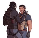  2boys amikoroyai around_crotch ass bara beard_stubble bulletproof_vest call_of_duty call_of_duty:_modern_warfare_2 couple crotch_strap dark-skinned_male dark_skin eyebrow_cut feet_out_of_frame flirting ghost_(modern_warfare_2) hand_on_another&#039;s_cheek hand_on_another&#039;s_face headphones highres male_focus mask mature_male multiple_boys muscular muscular_male mustache_stubble short_hair sideburns skull_mask soap_(modern_warfare_2) standing white_background yaoi 