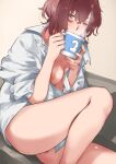  1girl absurdres blush bottomless breasts brown_hair couch cup feet_out_of_frame highres higuchi_madoka holding holding_cup idolmaster idolmaster_shiny_colors knee_up looking_at_viewer medium_breasts mole mole_under_eye mug naked_shirt nipple_slip nipples on_couch oversized_clothes oversized_shirt shion1350 shirt simple_background sitting solo steam white_background white_shirt 