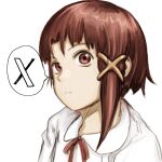  1girl abe_yoshitoshi brown_hair hair_ornament hair_ribbon highres iwakura_lain looking_at_viewer ribbon serial_experiments_lain short_hair simple_background solo speech_bubble twitter twitter_x_logo upper_body white_background x_hair_ornament 