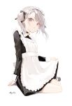  1girl :&lt; absurdres apron bell black_bow black_dress black_footwear bow closed_mouth collared_dress commentary dress full_body grey_eyes grey_hair hair_bow highres jingle_bell long_sleeves maid maid_apron maid_headdress mayogii neck_bell original shadow shoes signature simple_background sitting skirt_hold solo symbol-only_commentary twintails white_apron white_background yokozuwari 