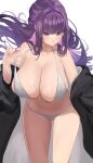  1girl absurdres bikini black_robe blunt_bangs breasts chiyu1182 closed_mouth commentary english_commentary fern_(sousou_no_frieren) grey_bikini highres huge_breasts long_hair looking_at_viewer navel off_shoulder purple_eyes purple_hair robe solo sousou_no_frieren stomach swimsuit thighs very_long_hair 