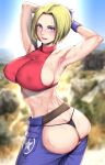  1girl armpits backless_pants baggy_pants bare_shoulders belt blonde_hair blue_eyes blue_mary blush bob_cut breasts chaps covered_nipples crop_top denim fatal_fury fingerless_gloves gloves halterneck highres large_breasts looking_at_viewer midriff navel open_mouth pants parted_hair photo_background saigado shirt short_hair sleeveless sleeveless_turtleneck smile snk solo sweat the_king_of_fighters tight_top turtleneck 