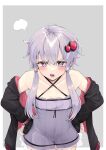  1girl angry armpits black_dress border dress grey_background grey_hair hands_on_own_hips highres looking_at_viewer pink_nails purple_dress purple_eyes solo thighs twintails voiceroid white_border yuzuki_yukari zooanime 