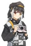  1girl alternate_costume artist_name beret black_bow black_hair black_headwear bow camera checkered_clothes chinese_commentary clothing_request commentary_request dinergate_(girls&#039;_frontline) girls&#039;_frontline grey_hair hair_bow hat heterochromia highres holding holding_camera looking_at_viewer low_twintails multicolored_hair polaroid red_eyes ro635_(girls&#039;_frontline) s41ty smile solo twintails yellow_eyes 