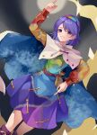  1girl absurdres arm_up bangs boots cape capelet dress feet_out_of_frame grey_background grin hairband highres index_finger_raised koizumo multicolored_clothes pointing pointing_up purple_eyes purple_hair rainbow short_hair simple_background smile solo swept_bangs teeth tenkyuu_chimata touhou 