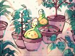  :o animal_focus artist_name border branch budew commentary_request flower_pot hanabusaoekaki highres leaf no_humans plant pokemon pokemon_(creature) potted_plant red_eyes solid_oval_eyes sparkle sprout white_border 