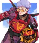  1girl apex_legends armor artist_name assault_visor birthright_valkyrie black_eyes bodysuit breastplate earpiece english_commentary grey_hair hand_on_eyewear headwear_removed heart helmet helmet_removed highres holding holding_helmet jetpack leaning_to_the_side looking_at_viewer official_alternate_costume one_eye_closed parted_lips purple_bodysuit short_hair sky solo valkyrie_(apex_legends) wasabi_(vowsbid) 