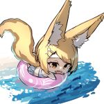  1girl animal animal_ear_fluff animal_ears bare_arms bare_shoulders barefoot bikini blonde_hair brown_eyes chibi commentary_request crescent crescent_hair_ornament fish fox_ears fox_girl fox_tail full_body hair_ornament hairclip highres original solo swept_bangs swimsuit tail water white_background white_bikini yuuji_(yukimimi) 