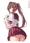  1girl ass blush breasts brown_eyes brown_hair ebifurya flower hair_flower hair_ornament highres kantai_collection large_breasts long_hair looking_at_viewer one-hour_drawing_challenge panties parted_lips pleated_skirt ponytail red_sailor_collar red_skirt sailor_collar school_uniform serafuku simple_background skirt solo twitter_username underwear very_long_hair white_background white_panties yamato_(kancolle) 