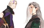  2boys black_shirt blonde_hair brown_coat clenched_teeth closed_mouth coat collared_shirt comb_over eyewear_strap from_side glasses grey_eyes grey_hair grey_shirt grin hand_on_own_hip holostars holostars_english long_hair looking_at_viewer looking_to_the_side magni_dezmond male_focus mole mole_under_mouth multicolored_hair multiple_boys noir_vesper pako_(pakosun) parted_bangs piercing pointy_ears print_hair purple_hair shirt short_sleeves simple_background smile spike_piercing streaked_hair t-shirt teeth upper_body vambraces very_long_hair virtual_youtuber white_background yellow_eyes 
