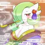  1girl artist_name bare_shoulders blurry blurry_background blush bob_cut breasts cleavage closed_mouth clothed_pokemon collarbone colored_eyelashes colored_skin commentary_request egasumi floral_background floral_print flower gardevoir geturouka9b green_hair green_skin hair_flower hair_ornament hair_over_one_eye half-closed_eyes hand_up holding holding_smoking_pipe japanese_clothes kimono large_breasts looking_at_viewer mole mole_under_eye multicolored_clothes multicolored_kimono multicolored_skin off_shoulder one_eye_covered orange_background pokemon pokemon_(creature) red_flower short_hair signature smoke smoking smoking_pipe solo tassel two-tone_skin upper_body white_skin 