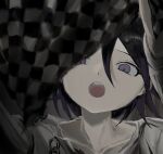  1boy :o black_hair checkered_clothes checkered_scarf danganronpa_(series) danganronpa_v3:_killing_harmony grey_jacket hair_between_eyes hands_up highres jacket long_sleeves looking_at_viewer male_focus oma_kokichi portrait purple_eyes purple_hair sa_(pixiv_89232413) scarf scarf_removed solo teeth upper_teeth_only 