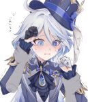  1girl ascot asymmetrical_gloves black_ascot black_gloves black_headwear blue_brooch blue_eyes blue_gemstone blue_hair blue_jacket blush cowlick crying crying_with_eyes_open disembodied_limb drop-shaped_pupils furina_(genshin_impact) gem genshin_impact gloves hat heterochromia highres holding_another&#039;s_wrist jacket light_blue_hair long_hair mismatched_gloves multicolored_hair nervous pe_eee00 simple_background solo_focus streaked_hair sweat tears top_hat translation_request trembling upper_body white_background white_gloves white_hair 