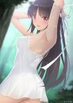  1girl alternate_costume artist_name ass azuki-iro black_hair from_behind hair_ribbon highres hiyou_(kancolle) kantai_collection long_hair looking_at_viewer looking_back open_mouth red_eyes ribbon see-through_silhouette smile solo 