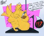 3_toes alphys anthro bodily_fluids cellulite ejaculation english_text feet female genital_fluids hi_res montgomery_glands morbidly_obese obese overweight pussy_ejaculation pussy_juice pyne_(artist) scale_(disambiguation) scalie simple_background solo sweat text toes undertale_(series) weight_gain 