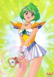  1990s_(style) 1girl absurdres ai_tenshi_densetsu_wedding_peach angel_daisy armor brown_eyes choker cowboy_shot green_hair heart heart_necklace highres holding holding_wand jewelry looking_at_viewer magical_girl miniskirt necklace non-web_source official_art pauldrons poster_(medium) retro_artstyle scan short_hair shoulder_armor skirt solo tamano_hinagiku tiara wand white_skirt yellow_choker 