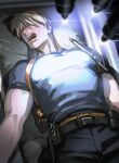  1boy belt black_belt black_pants blonde_hair blue_shirt brown_belt closed_eyes harness injury knife leon_s._kennedy lying male_focus multiple_belts on_back open_mouth pants parted_bangs resident_evil resident_evil_4 resident_evil_4_(remake) restrained shirt short_hair short_sleeves tatsumi_(psmhbpiuczn) tight_clothes tight_shirt todoroki_shouto toned toned_male 