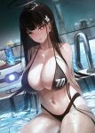  1girl bare_arms bare_legs bare_shoulders black_hair blue_archive blunt_bangs breasts bright_pupils cleavage collarbone cup drink drinking_glass hair_ornament hairclip halo highres huge_breasts long_hair looking_at_viewer navel open_mouth pool red_eyes rio_(blue_archive) safe_mone solo water white_pupils 