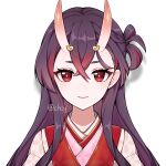  1girl chinese_commentary chishahaone chiyo_(genshin_impact) commentary_request genshin_impact gradient_hair highres horns japanese_clothes long_hair looking_at_viewer multicolored_hair official_style one_side_up oni oni_horns purple_hair red_eyes red_hair short_eyebrows skin-covered_horns solo 