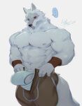 2023 anthro biceps big_muscles bottomwear bulge canid canine canis clothed clothing death_(puss_in_boots) dreamworks fur genitals grey_body grey_fur hi_res male mammal muscular muscular_anthro muscular_male nateesilnppalingal nipples pecs penis puss_in_boots_(film) puss_in_boots_the_last_wish red_eyes simple_background solo underwear wolf 