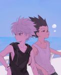  2boys bandaid bandaid_on_face bandaid_on_nose black_hair black_hoodie blue_eyes closed_mouth day gon_freecss grey_hair highres hood hood_down hoodie hunter_x_hunter kiko killua_zoldyck male_focus multiple_boys ocean outdoors railing red_eyes sky sleeveless sleeveless_hoodie spiked_hair tank_top upper_body white_tank_top 