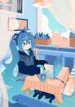  1girl barefoot black_hoodie blue_eyes blue_hair blue_sky cat closed_mouth cloud coffee_mug commentary computer cup curtains cushion full_body hair_ornament hatsune_miku highres hood hoodie indoors laptop long_hair long_sleeves mug overhead_lights plant poster_(object) potted_plant projecttiger sitting sky smile solo symbol-only_commentary teabag toes twintails very_long_hair vocaloid 
