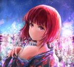  1girl arima_kana blue_kimono blush bob_cut chinese_commentary closed_mouth commentary_request huijin inverted_bob japanese_clothes kimono looking_at_viewer medium_hair oshi_no_ko red_eyes red_hair single_bare_shoulder single_off_shoulder solo upper_body wavy_mouth 