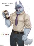  absurd_res alcohol anthro beer beverage blush bulge canid canine canis clothing death_(puss_in_boots) fur grey_body grey_fur hi_res looking_at_viewer male mammal office_clothing red_eyes rosemary02 solo speech_bubble wolf 