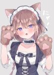  1girl animal_ear_fluff animal_ears animal_hands black_dress blush braid breasts brown_gloves brown_hair collarbone commentary_request dress ebihara_beniko fang gloves grey_background hair_between_eyes hands_up highres long_hair looking_at_viewer low_twintails open_mouth original paw_gloves puffy_short_sleeves puffy_sleeves purple_eyes shirt short_sleeves simple_background sleeveless sleeveless_dress small_breasts solo translation_request twin_braids twintails upper_body very_long_hair white_shirt 