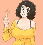  1girl bags_under_eyes breasts brown_hair chief_(91m10) cleavage collarbone english_commentary exhausted kawakami_sadayo large_breasts looking_at_viewer off_shoulder persona persona_5 shirt short_hair single_bare_shoulder solo striped striped_shirt sweat sweatdrop yellow_shirt 