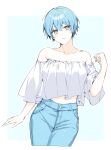  1girl angela_(project_moon) ap5ry bare_shoulders blue_hair blue_pants blush closed_mouth collarbone denim hand_up highres jeans library_of_ruina looking_to_the_side off-shoulder_shirt off_shoulder pants project_moon shirt short_hair solo white_shirt yellow_eyes 