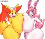  anthro big_breasts breast_squish breasts breasts_frottage clothing eeveelution female female/female fennekin generation_6_pokemon headgear headgear_only headwear headwear_only huge_breasts hyper hyper_breasts matospectoru mostly_nude nintendo nurse_clothing nurse_headwear pokemon pokemon_(species) squish sylveon thick_thighs 