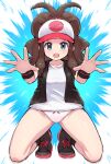  1girl :o baseball_cap black_vest black_wristband boots brown_hair collarbone commentary_request eyelashes green_eyes hat high_ponytail highres hilda_(pokemon) kutabireta_neko long_hair open_mouth panties pokemon pokemon_bw ponytail shirt sidelocks sleeveless sleeveless_shirt socks solo spread_fingers teeth underwear upper_teeth_only vest white_headwear white_panties white_shirt wristband 