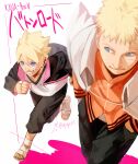  2boys black_jacket blonde_hair blue_eyes boruto:_naruto_next_generations boruto:_naruto_the_movie english_text facial_mark father_and_son jacket looking_back male_focus multiple_boys naruto_(series) sandals short_hair spiked_hair teeth translation_request uzumaki_boruto uzumaki_naruto whisker_markings white_background white_hair zifletts 