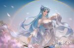  1girl absurdres bare_shoulders beads blue_eyes blue_hair bracelet butterfly_hair_ornament circle detached_sleeves douluo_dalu dress earrings falling_petals hair_beads hair_ornament highres jewelry long_hair necklace niannian_nuli_zhong parted_lips petals solo tang_wutong_(douluo_dalu) teeth upper_body white_dress 