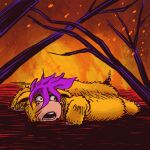  ambiguous_gender feral fire fluffus fluffy_pony fluffy_pony_(species) fur hair hi_res mammal orange_body orange_fur peril purple_hair scared solo 