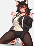  1girl ;d animal_ear_fluff animal_ears baseball_cap black_choker black_hair black_pantyhose black_shorts breasts choker claw_pose ears_through_headwear glasses hair_ornament hairclip hat highres hololive large_breasts long_hair long_sleeves looking_at_viewer multicolored_hair one_eye_closed ookami_mio ookami_mio_(3rd_costume) pantyhose puffy_long_sleeves puffy_sleeves red_hair red_nails shoes short_shorts shorts simple_background smile solo squatting streaked_hair tail two-tone_hoodie varniskarnis very_long_hair virtual_youtuber white_background white_footwear wolf_ears wolf_tail 