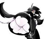  2023 anaugi anthro big_butt black_body black_fur black_hair bodily_fluids breasts butt butt_focus canid canine canis domestic_dog eyeliner female fur genital_fluids genitals hachimitsu hair hair_over_eye hands_on_legs hi_res looking_at_viewer looking_back looking_back_at_viewer makeup mammal nude one_eye_obstructed pussy pussy_juice side_boob simple_background solo white_background white_body white_fur yellow_eyes 