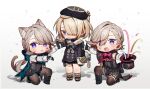  1girl 2boys :o animal_ear_fluff animal_ears blonde_hair blue_eyes blush bow bowtie cat_ears cat_girl cat_tail chibi closed_mouth confetti coojisan facial_mark freminet_(genshin_impact) full_body genshin_impact gloves grey_hair hair_between_eyes hair_over_one_eye hat highres holding holding_clothes holding_hat jacket leotard long_hair looking_at_viewer lynette_(genshin_impact) lyney_(genshin_impact) multiple_boys on_one_knee open_mouth parted_lips purple_eyes shorts standing star_(symbol) star_facial_mark streamers tail teardrop_facial_mark thigh_strap top_hat 