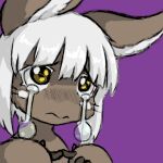  ambiguous_gender anthro begging blush bodily_fluids brown_body brown_fur buneposter colored fur hair made_in_abyss nanachi narehate portrait purple_background simple_background solo tears white_hair yellow_eyes 