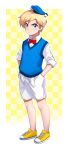  1boy absurdres aged_down angry animification blonde_hair blue_eyes blue_vest border bow bowtie child closed_mouth commentary disney donald_duck english_commentary full_body hands_in_pockets highres humanization male_child male_focus red_bow red_bowtie shirt shorts solo tama!_(lazyturtle) vest white_border white_shirt white_shorts yellow_footwear 