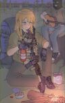  1girl alcohol ar-15 backpack bag balaclava beans beer blonde_hair blue_eyes boots budweiser campfire cigarette denim dog_tags escape_from_tarkov forest fukufaku guitar gun headset highres instrument jeans long_hair nature night pants plate_carrier rifle shoes smoking sneakers solo spoon train tree_stump weapon 