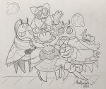  ambiguous_gender antennae_(anatomy) anthro apollysabyss arthropod beetle biped black_and_white cape clothing dated eyes_closed folly_(hollow_knight) graphite_(artwork) group happy headgear headwear holding_object insect markings melee_weapon monochrome neckwear open_mouth pencil_(artwork) signature smile soul_twister_(hollow_knight) sword tongue topwear traditional_media_(artwork) weapon 