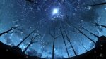  cloud commentary english_commentary falling_star forest from_below highres light light_particles nature night night_sky no_humans original outdoors rune_xiao scenery signature sky star_(sky) starry_sky still_life 