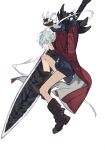  1boy 5205250_(lofter) aged_down arms_up bandaged_arm bandages black_gloves black_shirt blue_eyes boots bottomless brown_footwear child dante_(devil_may_cry) devil_may_cry_(series) fingerless_gloves from_side full_body gloves highres huge_weapon jacket jumping knee_up long_sleeves looking_at_viewer loose_bandages male_child male_focus profile red_jacket shirt short_hair sideways_glance solo sword v weapon white_background white_hair 