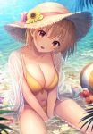  1girl :d ball barefoot beachball between_legs bikini blush breasts brown_hair brown_headwear cleavage collarbone comiket_102 commentary_request day fang flower flower_on_liquid food front-tie_bikini_top front-tie_top fruit hair_between_eyes hand_between_legs hat hat_flower head_tilt highres large_breasts long_sleeves looking_at_viewer original outdoors partial_commentary red_eyes red_flower revision see-through shallow_water shirt shirt_on_shoulders sitting smile solo starfish strawberry sunflower swimsuit u_rin wariza water wet wet_clothes wet_shirt white_shirt yellow_bikini yellow_flower 