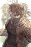  anthro birry41 brown_body brown_fur brown_hair catoblepas_(tas) clothing eyewear fur glasses green_eyes hair hi_res horn jewelry lifewonders looking_at_viewer male muscular muscular_anthro muscular_male necklace pattern_clothing pecs plaid plaid_clothing shirt solo t-shirt tokyo_afterschool_summoners topwear 